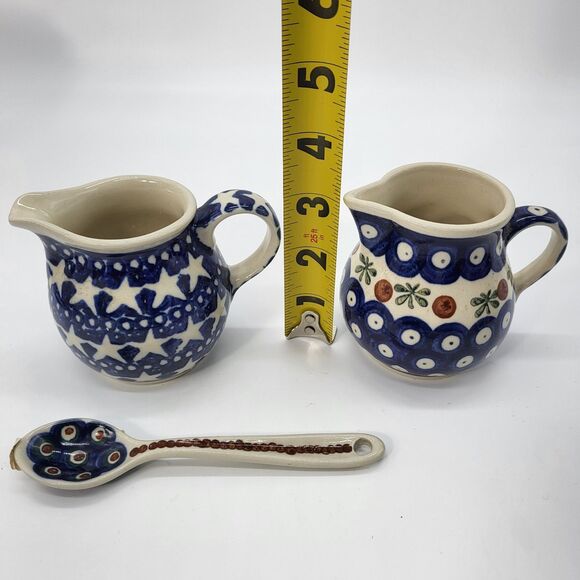 Boleslawiec Polish Pottery Stars & Blue Dot Design Small Creamer Set with Spoon - Picture 14 of 14